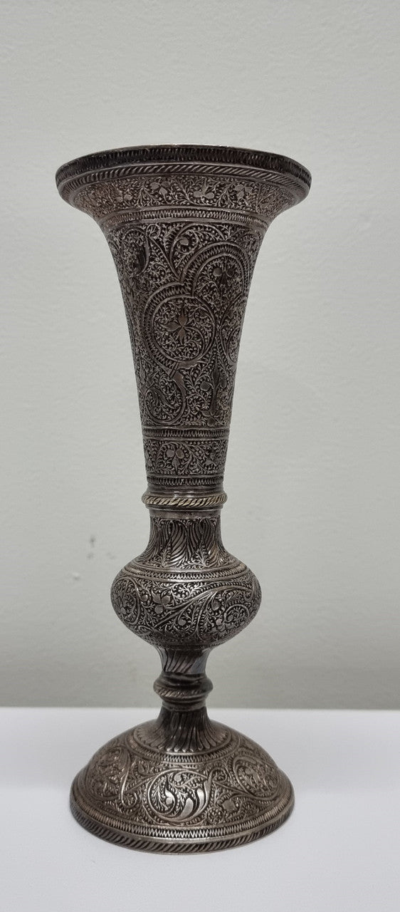 Pair of antique Indian silver plated vases with markings 'I, 546'. Sourced locally. They are in good original condition.