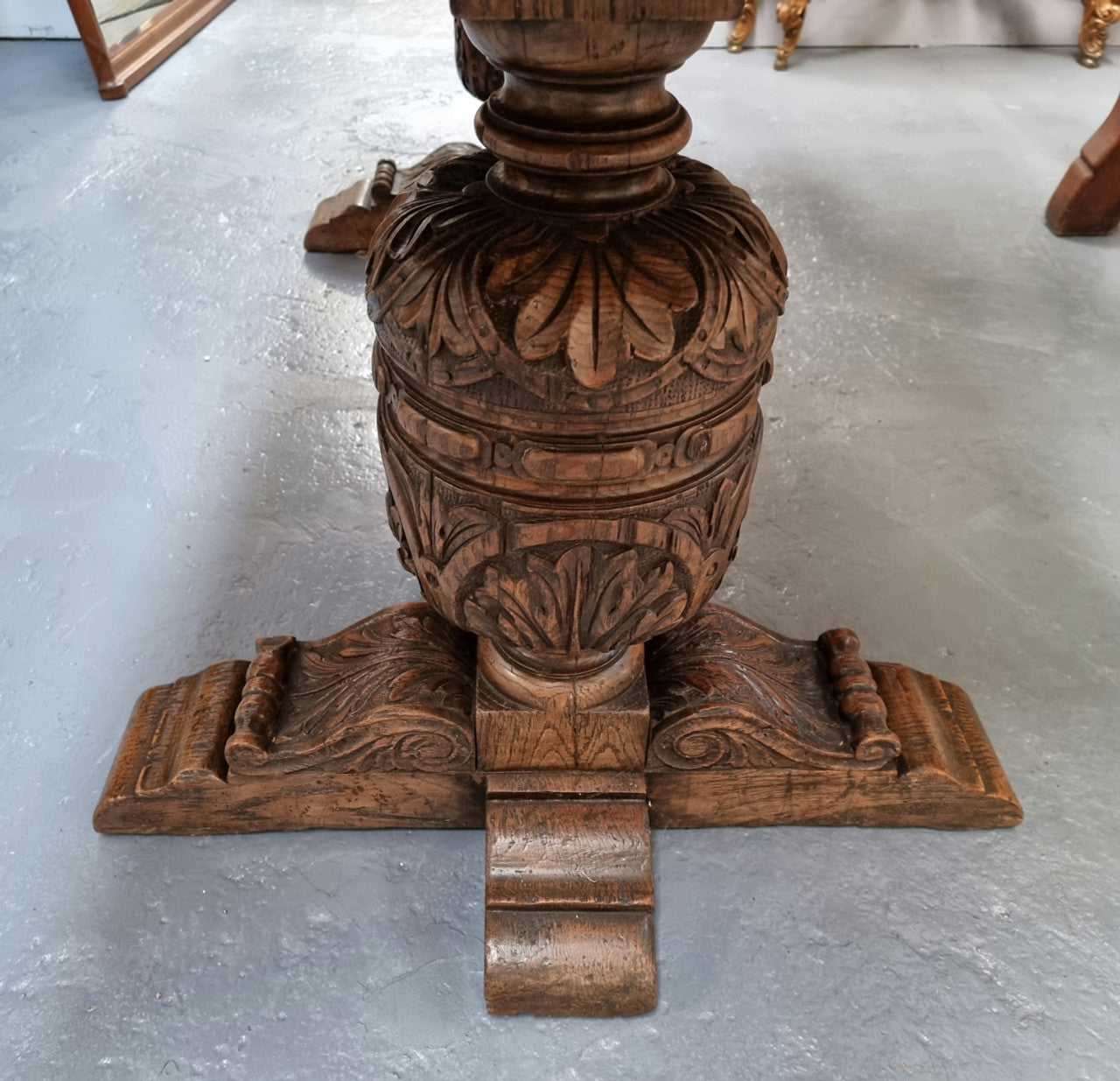 A beautifully carved 19th Century French Oak farmhouse table with a "bulbous base". It is in very good original detailed condition.