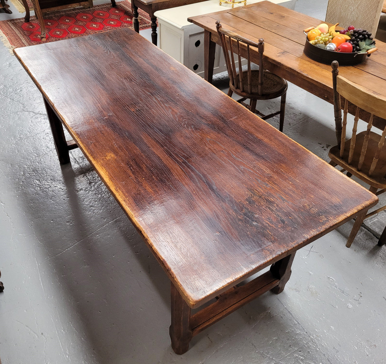 French oak stretcher base refectory table. It has been sourced from France and is in good original condition. Please see pictures to form part of the description.