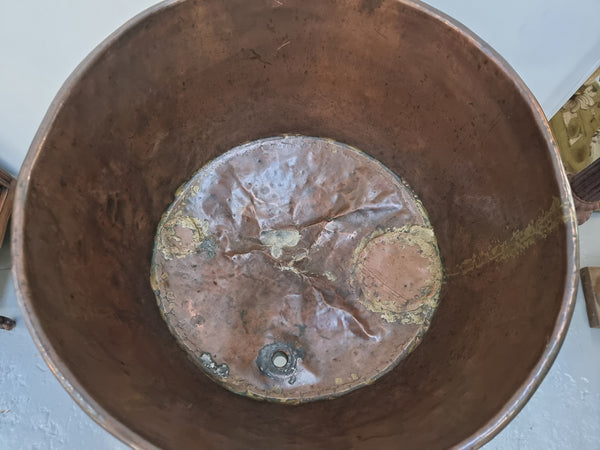 Fabulous Antique French copper pot on a solid iron stand in good original detailed condition. see photo for full description of condition.