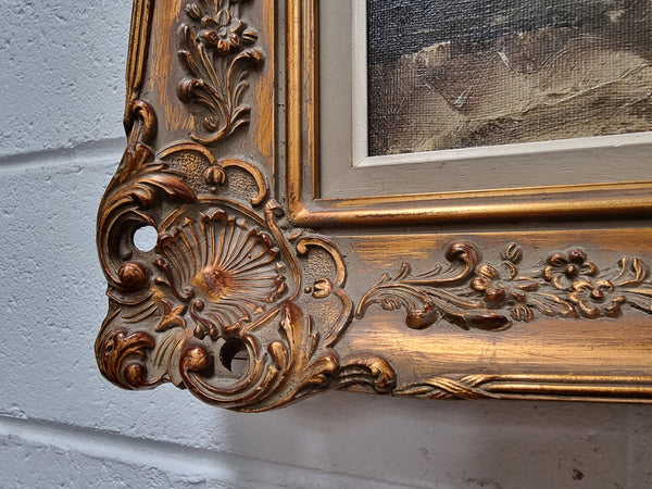 Beautiful signed oil on canvas of a still life framed in an ornate frame. Sourced in France and in good original condition.