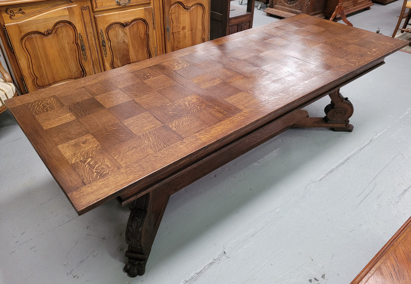 Stunning 2.55 meter French Spanish style parquetry top Oak table. Amazing one piece top and it is in good original detailed condition.
