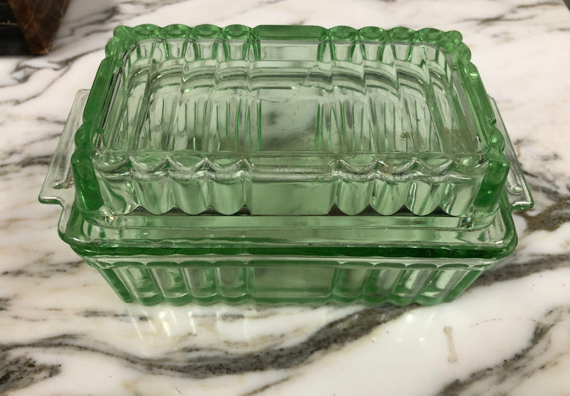 Green Depression Glass Butter Dish