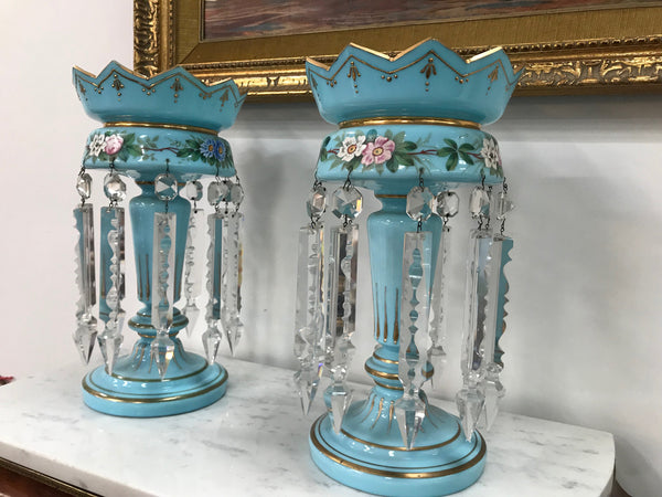 A Pair Of Victorian Blue Glass Lustres