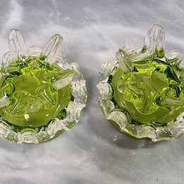 Lovely pair of Victorian green glass open salt bowls with clear frilled edging. In good original condition.