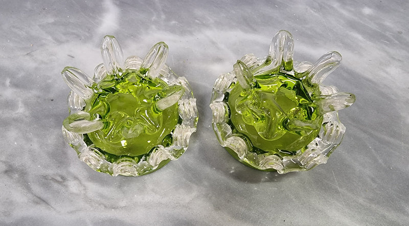 Lovely pair of Victorian green glass open salt bowls with clear frilled edging. In good original condition.
