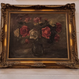 Beautiful Gilt Framed and Signed Oil on Board Depicting Roses in Floral Arrangement