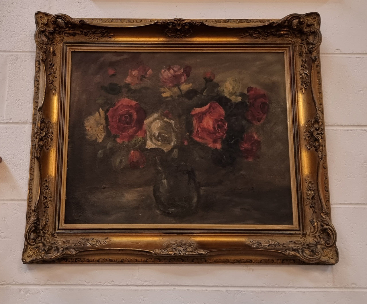 Beautiful Gilt Framed and Signed Oil on Board Depicting Roses in Floral Arrangement