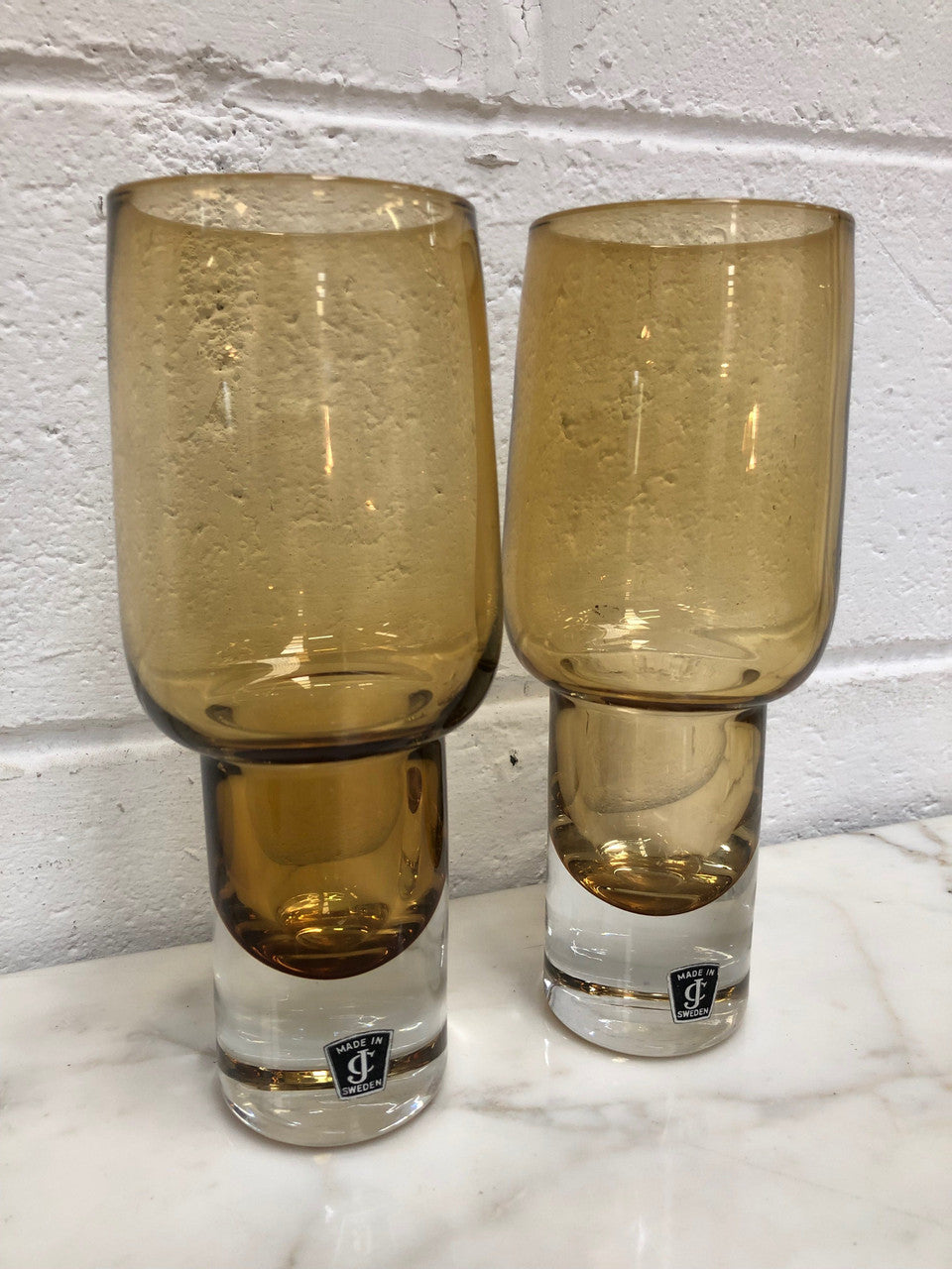 Pair Of Retro Made In Sweden Amber Glass Vases