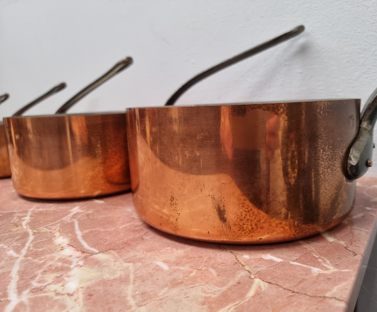 Set of Five Vintage Copper Saucepans with Tin Lining Made In France