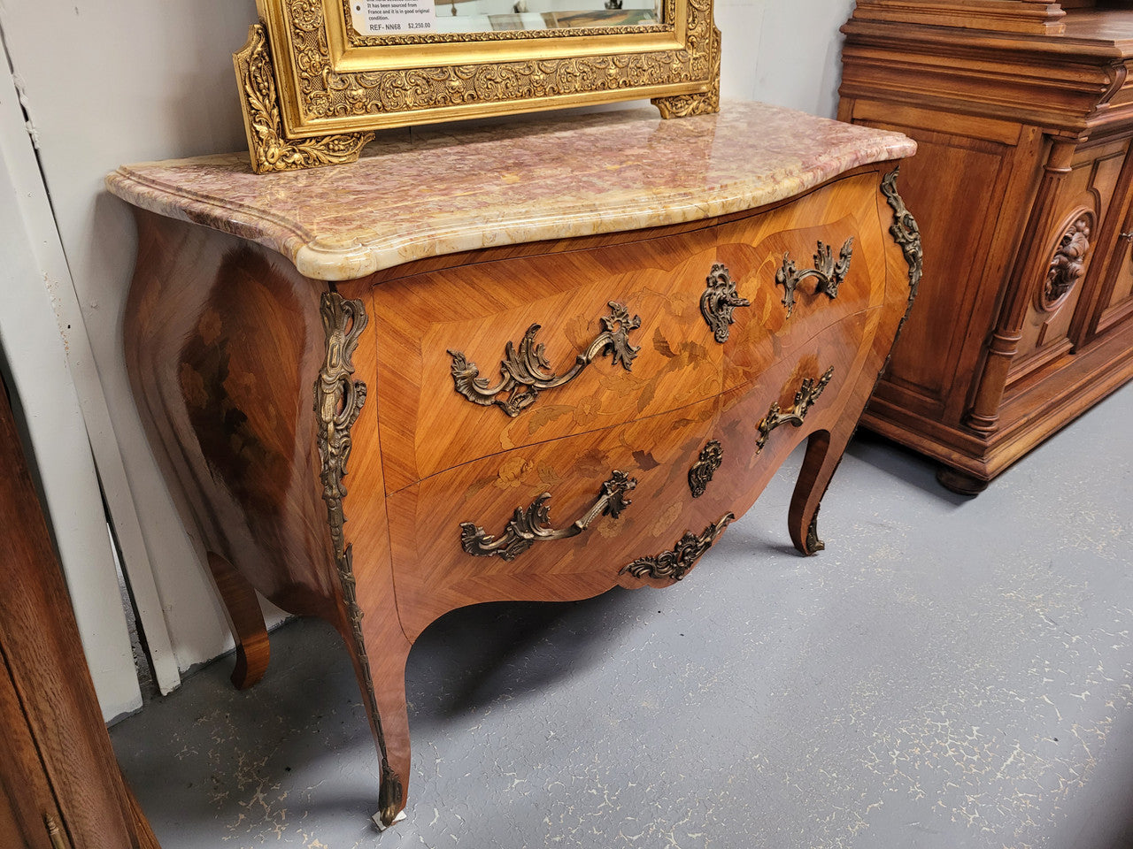 Attractive French Louis XV Style Walnut Two Drawer Marquetry Inlaid Commode