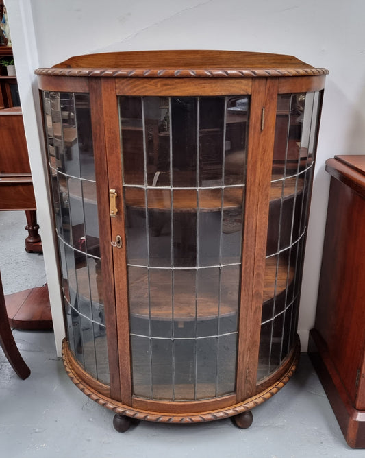 Vintage Australian Oak Half Round Leadlight Display Cabinet