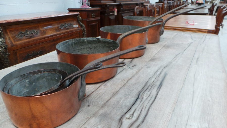 Fabulous set of six French antique copper and iron saucepans in good original condition.