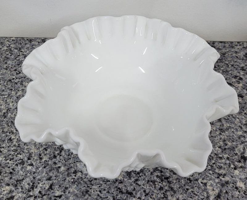 Charming frilled edge “Fenton” milk glass bowl. It is in good original condition, please view photos as they help form part of the description.