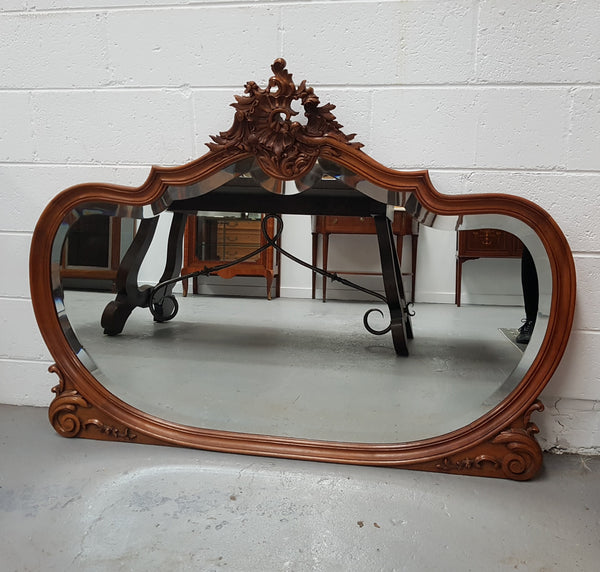 French Antique Louis XV Style Walnut Bevelled Glass Mantle Mirror