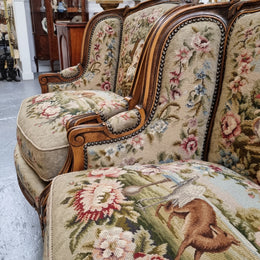 Pair of amazing French Walnut tapestry covered armchairs. The tapestry is in very good condition, please view photos as they form part of the description. Sourced from France and is in good original detailed condition.
