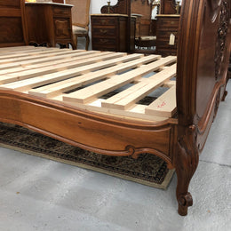 French Walnut Louis XV style queen size bed. Comes with custom made slats, all you need to is place you mattress on top.