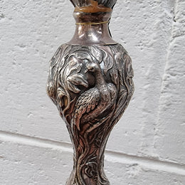 Pair of Antique French silver candlesticks table lamps embossed with birds and floral pattern. In good original detailed working condition.