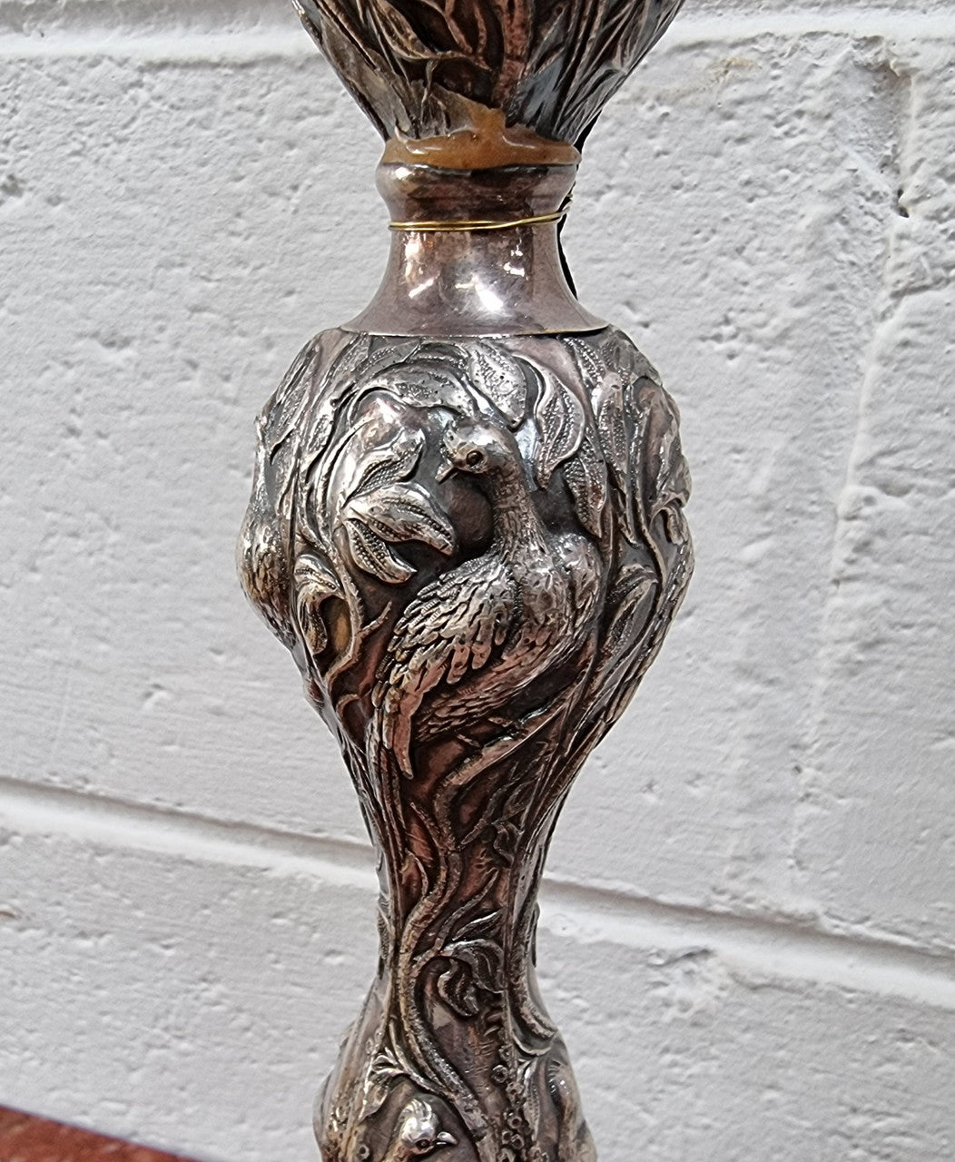 Pair of Antique French Silver Candlesticks Table Lamps Embossed With Birds & Floral Pattern | Antique & Vintage | Moonee Ponds Antiques | Australia Wide Delivery