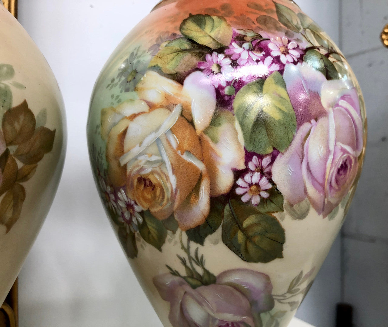 Pair Of French Antique Flower Decorated Vases