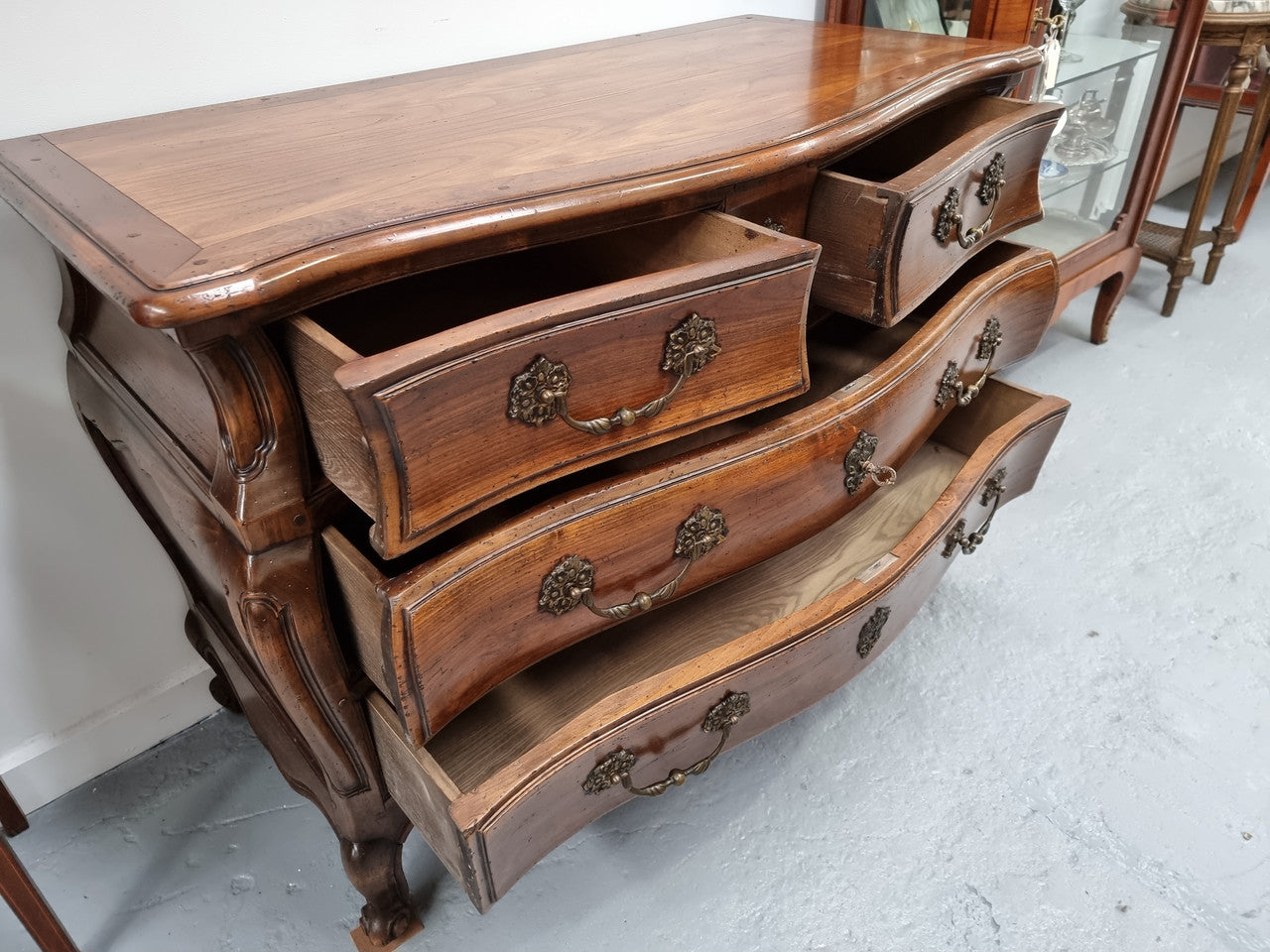 Rare Wooden Top Walnut Louis XV Style Three Drawer Bombe Commode | Antique & Vintage | Moonee Ponds Antiques | Australia Wide Delivery