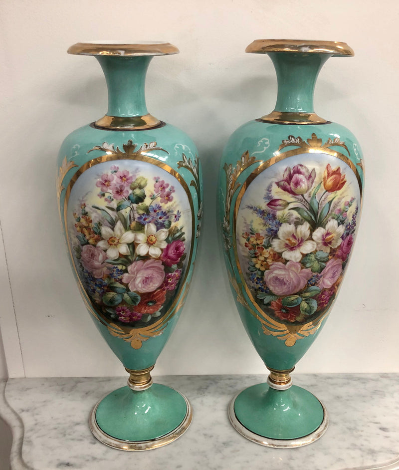 Pair of Antique French Limoges hand painted vases. Marked WG & Co (W Guerin & Co France Limoges) Circa 1900.