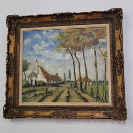 Impressionist style oil painting on canvas and on board of a farm scene. In an ornate gilt frame and in good original detailed condition.