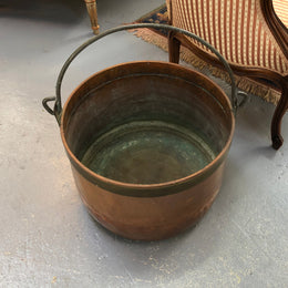 French Antique Copper pot with a lovely brass band and has a handle in good original condition.
