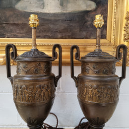Antique pair of beautiful French urns on marble table\bedside lamps. In good original detailed working condition .