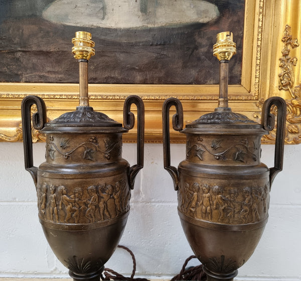 Antique pair of beautiful French urns on marble table\bedside lamps. In good original detailed working condition .