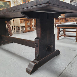 Stunning French dark Oak refectory style dining table. It has been sourced from France and is in good original detailed condition.