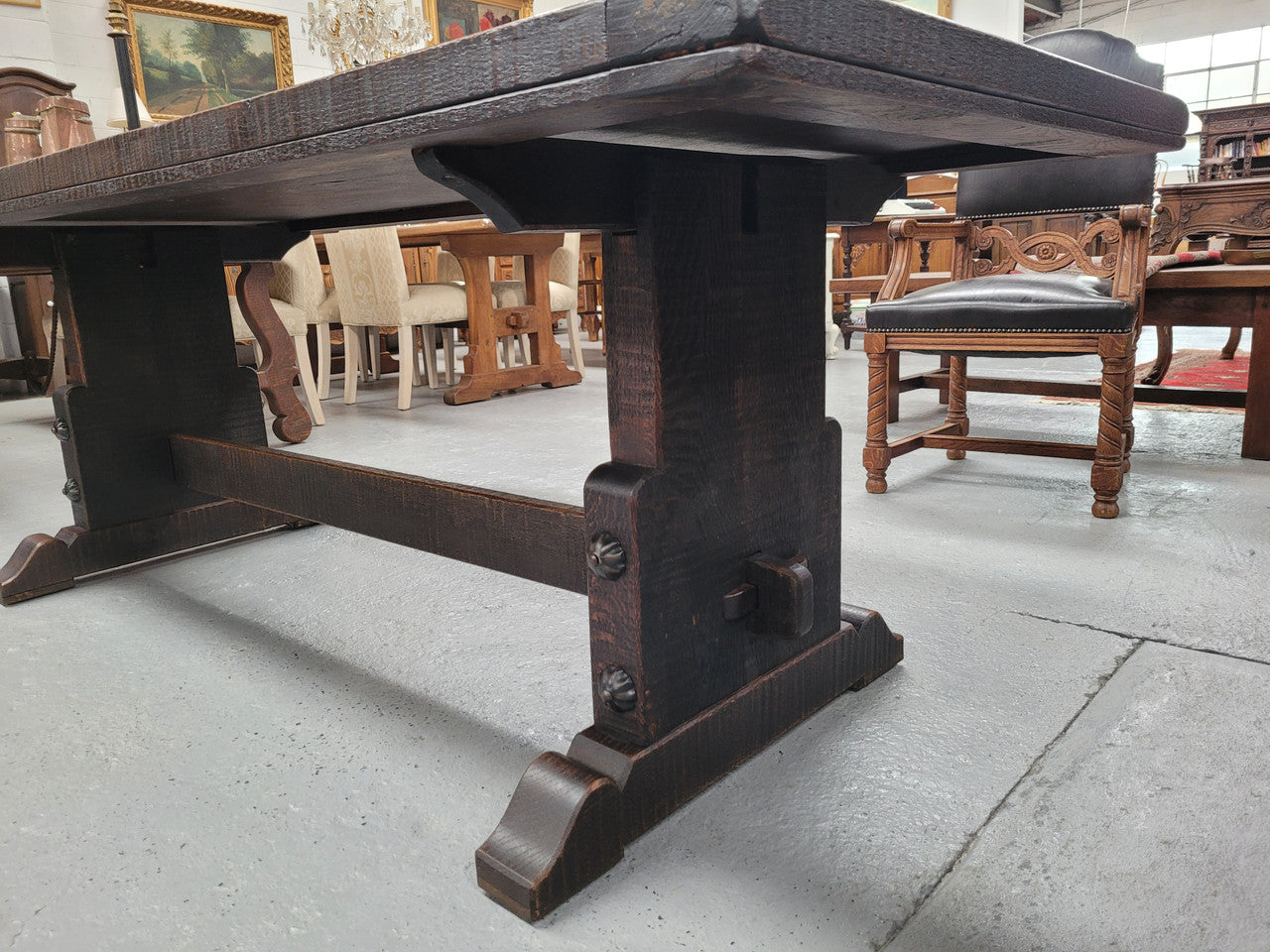 Stunning French dark Oak refectory style dining table. It has been sourced from France and is in good original detailed condition.