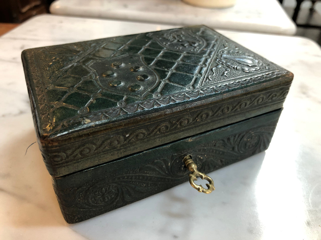 Victorian Green Leather Embossed Box | Antique & Vintage | Moonee Ponds Antiques | Australia Wide Delivery