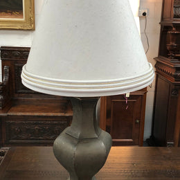 Beautiful pair of 19th Century pewter covered Bronze table lamps with light grey shades .They have been rewired and in good working order.