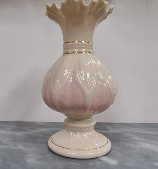 Vintage Belleek porcelain vase lotus blossom gold pink. It is in good original condition with no chips or cracks and has been sourced locally.