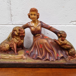 Appealing Art Deco Statue of a Woman & Two King Charles Spaniel Dogs