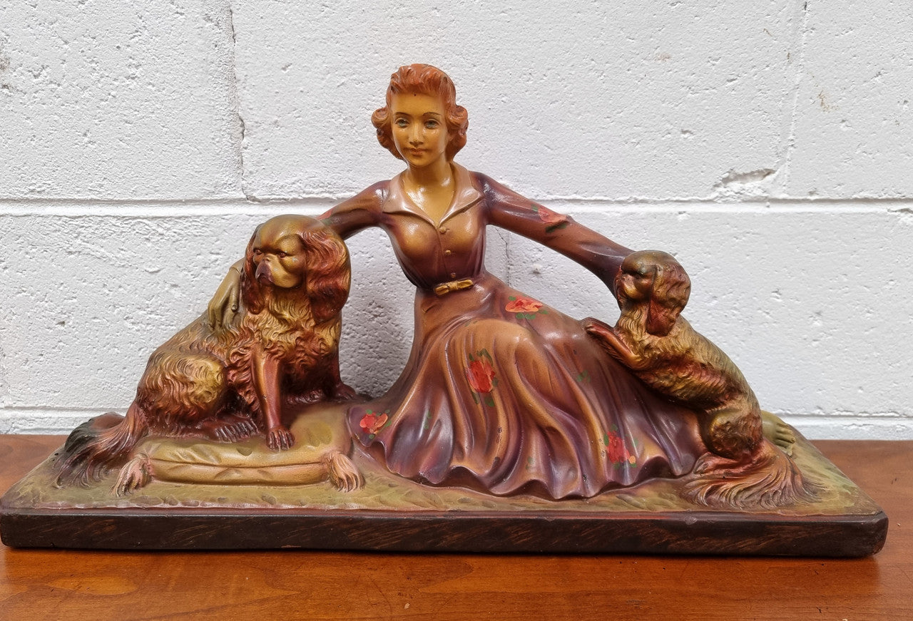 Appealing Art Deco Statue of a Woman & Two King Charles Spaniel Dogs