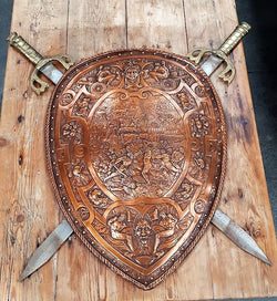 An Antique Very Detailed Embossed Copper Shield with Swords | Antique & Vintage | Moonee Ponds Antiques | Australia Wide Delivery