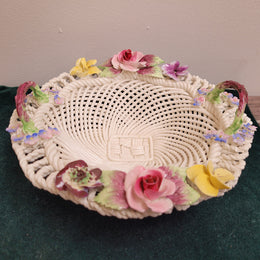 Vintage Adderley English bone china flower encrusted basket bowl. Good condition, please see photos.