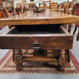 Large impressive 19th century 2.5 meter Antique French Oak farmhouse table. Loads of character with a stunning solid thick top and has a long drawer at one end. Sourced from France and in good original detailed condition.