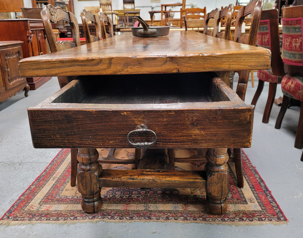 Large impressive 19th century 2.5 meter Antique French Oak farmhouse table. Loads of character with a stunning solid thick top and has a long drawer at one end. Sourced from France and in good original detailed condition.