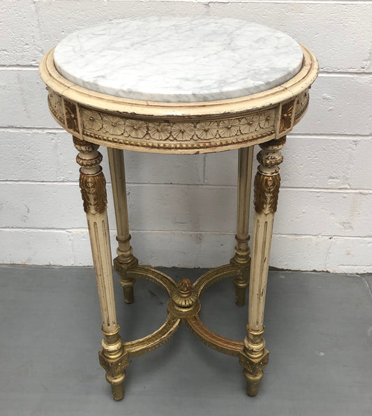 French Late 19th Century painted and gilded Walnut marble top occasional table. In good condition. CIrca 1900.