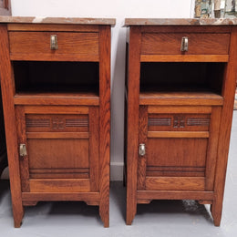 Pair of French Oak Arts & Crafts Marble Top Bedsides