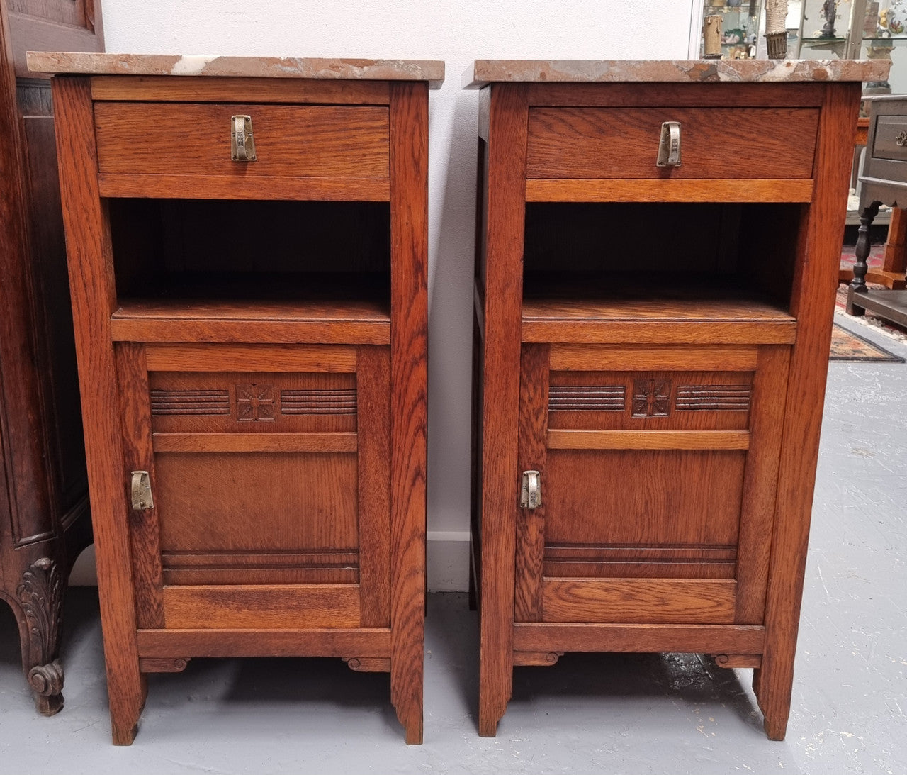 Pair of French Oak Arts & Crafts Marble Top Bedsides | Antique & Vintage | Moonee Ponds Antiques | Australia Wide Delivery