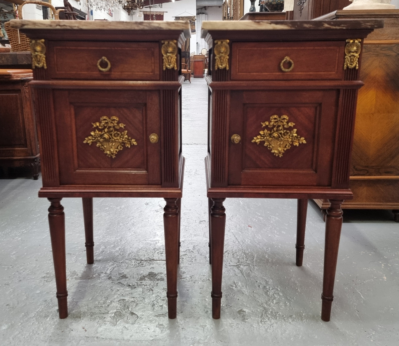 Pair of Louis XVI Style Mahogany Bedsides with Marble Tops and Impressive Ormolu Mounts