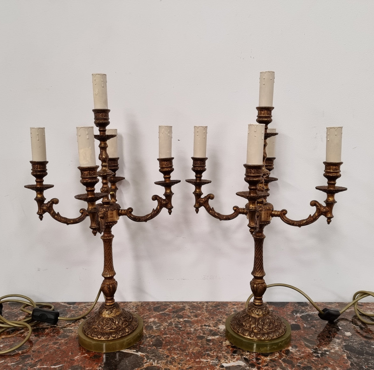 A Pair of French Bronze & Alabaster Marble Base Lamps