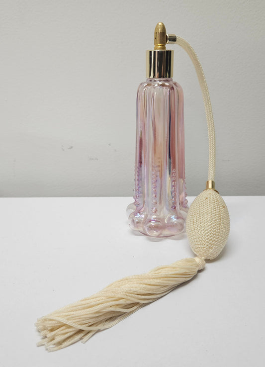 Vintage Fenton, Pink/Purple iridescent perfume bottle, cased glass, beaded base with working atomiser. Clearly marked FENTON on the base with original paper label.