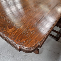 Amazing hard to find French Fruitwood Spanish style 3 meter dining table. Decorative iron work underneath and in good detailed original condition.