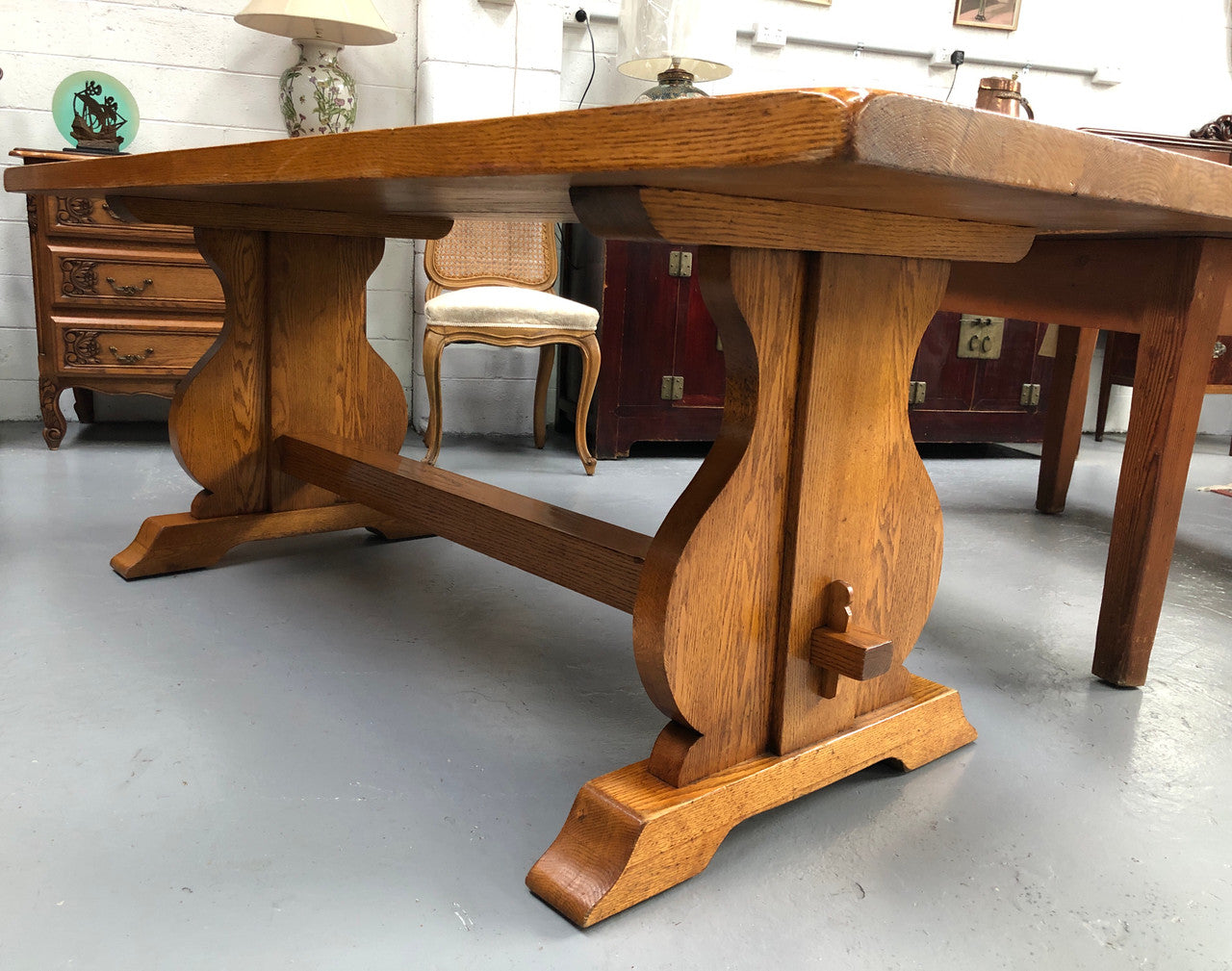 A French Style Oak Stretcher Base Table With Amazing Wood Grain | Antique & Vintage | Moonee Ponds Antiques | Australia Wide Delivery