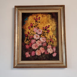 French Signed Floral Oil On Canvas In Silver Gilt & Gilt Frame